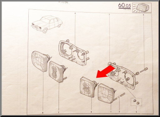 Headlight inside on the left R16 TX >1976 (yellow).