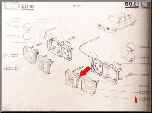 Headlamp inside on the left R16 TX < 1976 (yellow). 