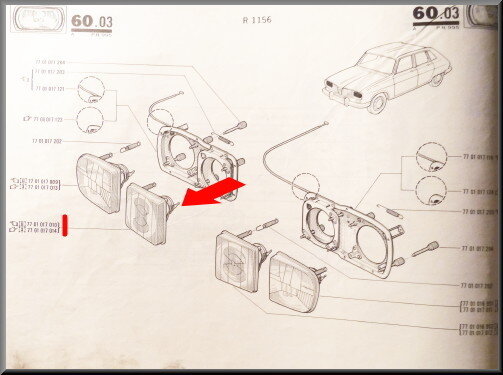 Headlamp inside on the right R16 TX < 1976 (yellow).