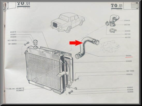 R8, R10, Floride: Bovenste radiateurslang (New Old Stock). 