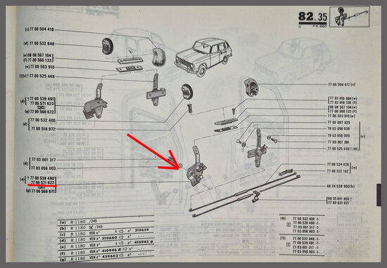 Renault 6, 12: Bediening deurslot voorzijde links (New Old Stock).