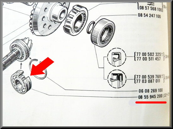 Pinion bearing secondary shaft, groove not centered (32x72x19), 336 gear.