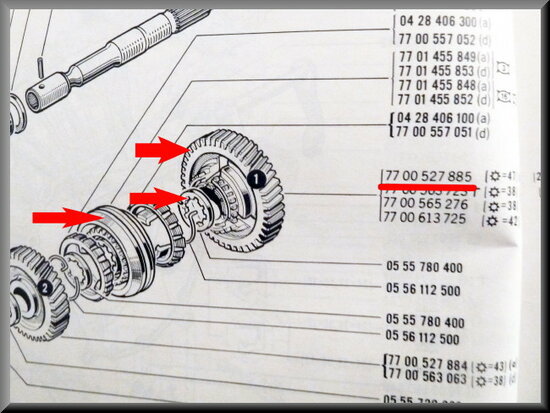 Tandwiel 1e versnelling met synchronisatienaaf (47 tanden).