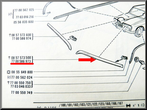 Motorkap strip links R16 > 1973 (gebruikt).