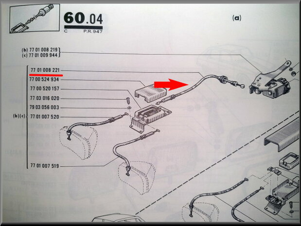 Kabel koplampverstelling rechts  R16 1150-1151-1152-1156 eerste model..