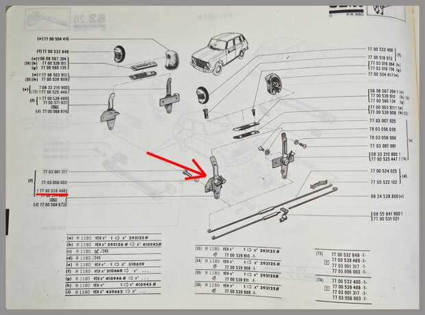 Renault 6, 12: Commande de serrure de porte arri&egrave;re droite (New Old Stock).