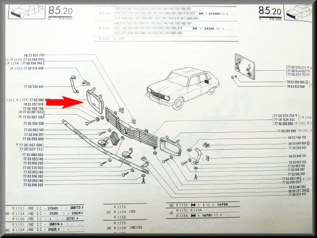 Koplamp frame rechts R16 TL en TS >1972 (plastic).